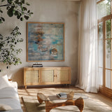 Calm Sea by Silvia Vassileva. Shown in a natural wood frame in a cozy modern living room. Available as an archival giclee rolled canvas, fine art paper, or poster print. SKU 11951a.