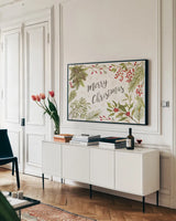 Cardinal Christmas I Gold by Silvia Vassileva. shown as a framed stretched canvas in a living room above a console. Available as a archival giclee rolled canvas, fine art paper, or poster print. SKU 65272i.