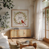 Cardinal Christmas II by Silvia Vassileva. Shown in a natural wood frame in a cozy modern living room. Available as an archival giclee rolled canvas, fine art paper, or poster print. SKU 57827a.