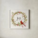 Cardinal Christmas II Gold by Silvia Vassileva. Shown in a crisp white glass frame for a clean and minimalist style. Available as an archival giclee rolled canvas, fine art paper, or poster print. SKU 65273a.