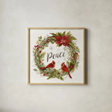 Cardinal Christmas III by Silvia Vassileva. Shown in a natural wood glass frame for a timeless modern aesthetic. Available as an archival giclee rolled canvas, fine art paper, or poster print. SKU 57828a.