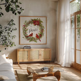 Cardinal Christmas III by Silvia Vassileva. Shown in a natural wood frame in a cozy modern living room. Available as an archival giclee rolled canvas, fine art paper, or poster print. SKU 57828a.