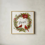 Cardinal Christmas III Gold by Silvia Vassileva. Shown in a natural wood glass frame for a timeless modern aesthetic. Available as an archival giclee rolled canvas, fine art paper, or poster print. SKU 65274a.