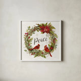 Cardinal Christmas III Gold by Silvia Vassileva. Shown in a crisp white glass frame for a clean and minimalist style. Available as an archival giclee rolled canvas, fine art paper, or poster print. SKU 65274a.