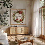 Cardinal Christmas III Gold by Silvia Vassileva. Shown in a natural wood frame in a cozy modern living room. Available as an archival giclee rolled canvas, fine art paper, or poster print. SKU 65274a.