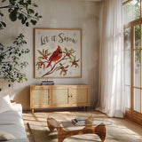 Cardinal Christmas IV by Silvia Vassileva. Shown in a natural wood frame in a cozy modern living room. Available as an archival giclee rolled canvas, fine art paper, or poster print. SKU 57829a.
