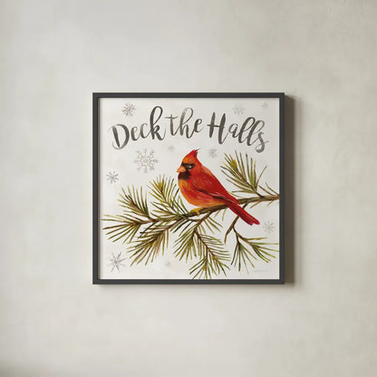 Cardinal Christmas V by Silvia Vassileva. Shown in a sleek black glass frame for a contemporary gallery look. Available as an archival giclee rolled canvas, fine art paper, or poster print. SKU 57830a.