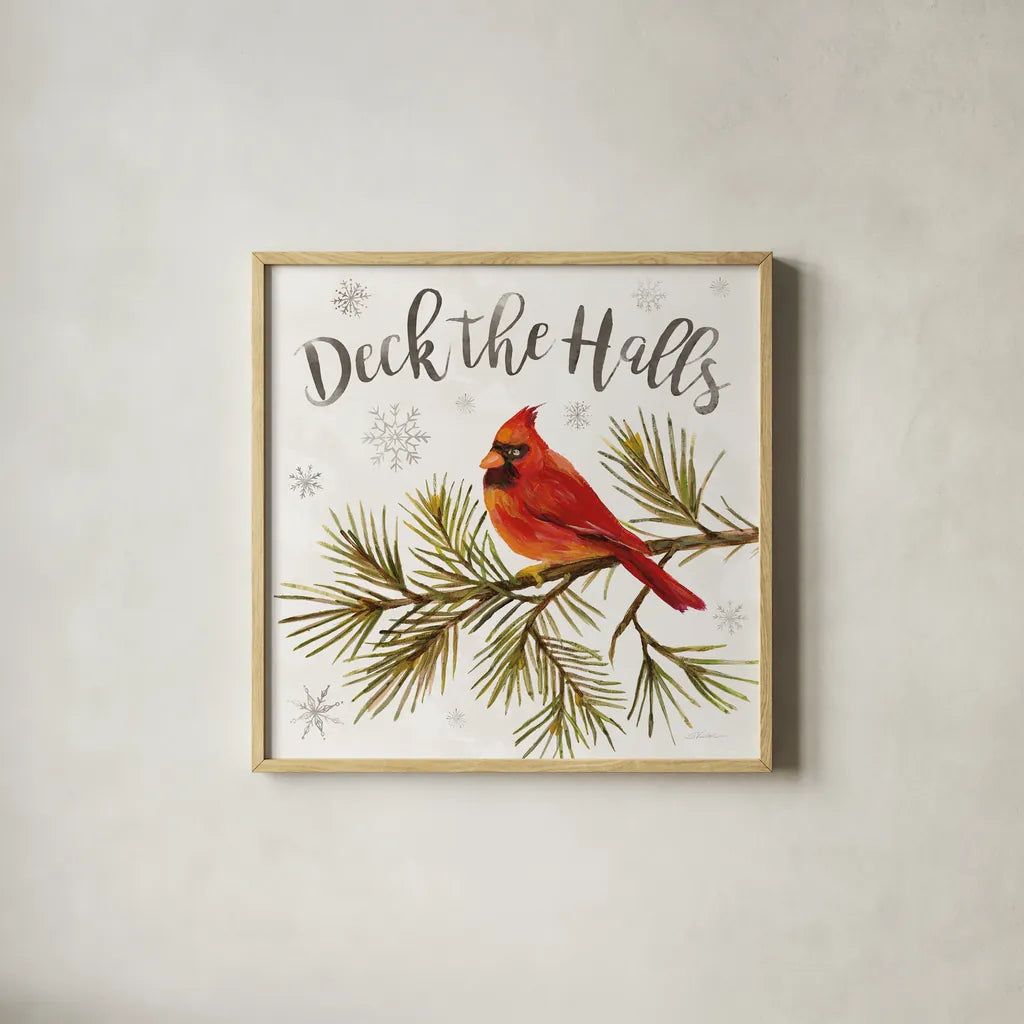 Cardinal Christmas V by Silvia Vassileva. Shown in a natural wood glass frame for a timeless modern aesthetic. Available as an archival giclee rolled canvas, fine art paper, or poster print. SKU 57830a.