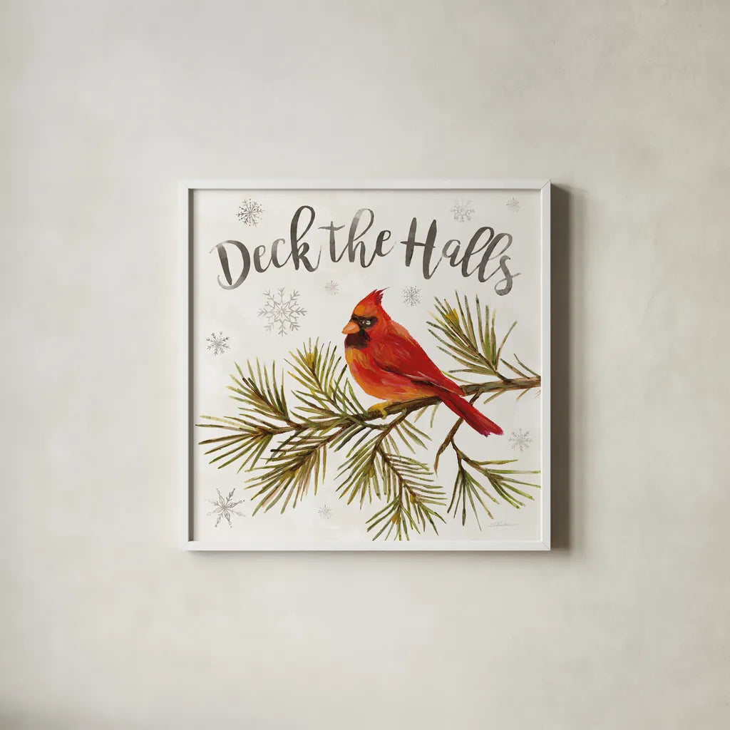 Cardinal Christmas V by Silvia Vassileva. Shown in a crisp white glass frame for a clean and minimalist style. Available as an archival giclee rolled canvas, fine art paper, or poster print. SKU 57830a.