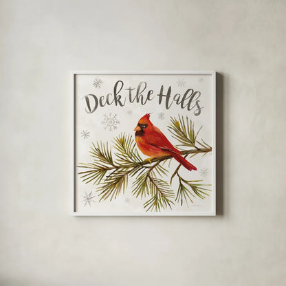 Cardinal Christmas V by Silvia Vassileva. Shown in a crisp white glass frame for a clean and minimalist style. Available as an archival giclee rolled canvas, fine art paper, or poster print. SKU 57830a.
