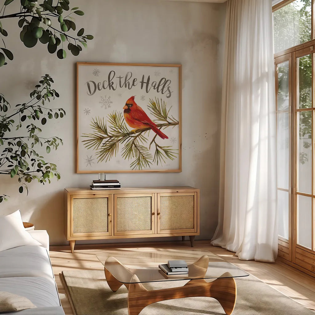 Cardinal Christmas V by Silvia Vassileva. Shown in a natural wood frame in a cozy modern living room. Available as an archival giclee rolled canvas, fine art paper, or poster print. SKU 57830a.