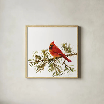 Cardinal Christmas V on White by Silvia Vassileva. Shown in a natural wood glass frame for a timeless modern aesthetic. Available as an archival giclee rolled canvas, fine art paper, or poster print. SKU 68924a.