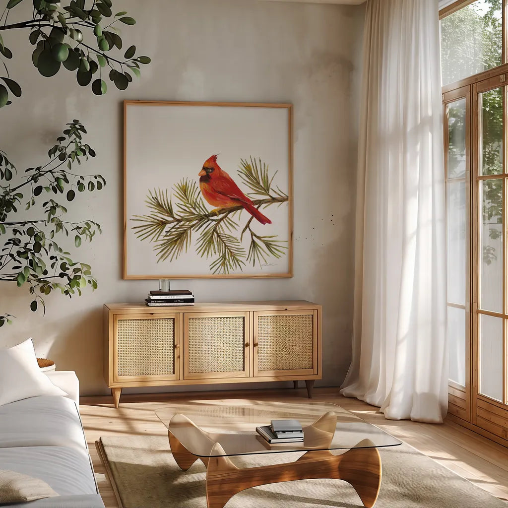 Cardinal Christmas V on White by Silvia Vassileva. Shown in a natural wood frame in a cozy modern living room. Available as an archival giclee rolled canvas, fine art paper, or poster print. SKU 68924a.