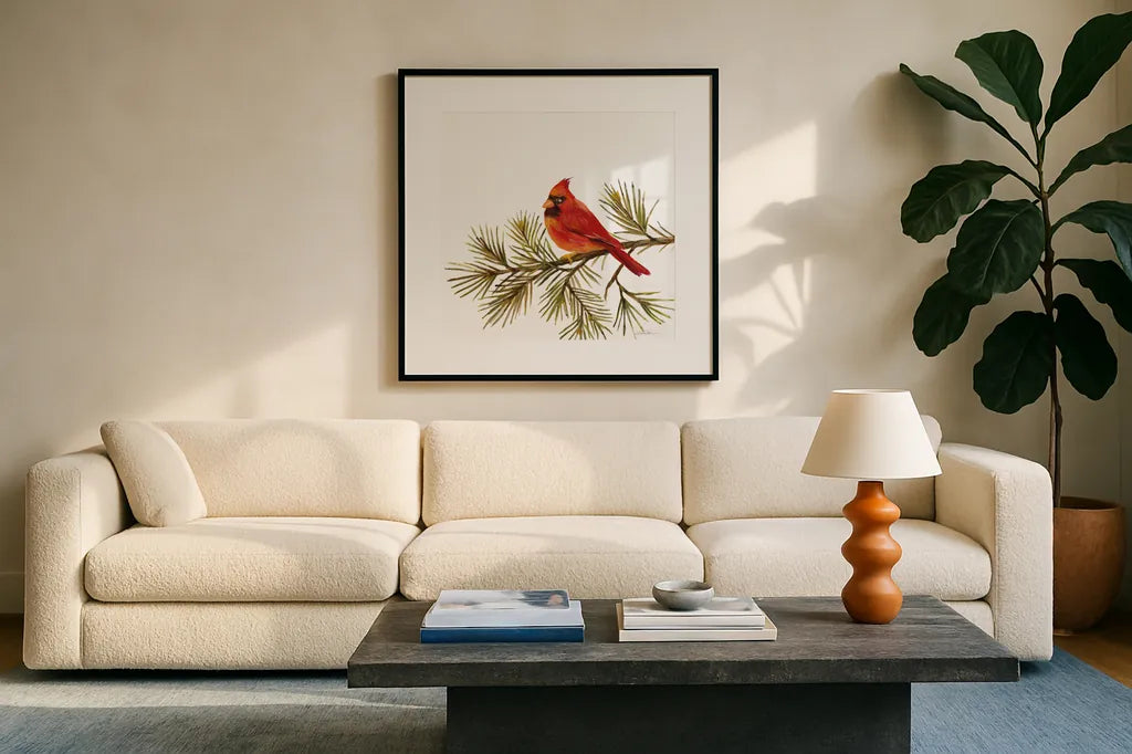 Cardinal Christmas V on White by Silvia Vassileva. Displayed in a glass frame with matte in a clean modern living room. Available as an archival giclee rolled canvas, fine art paper, or poster print. SKU 68924a.