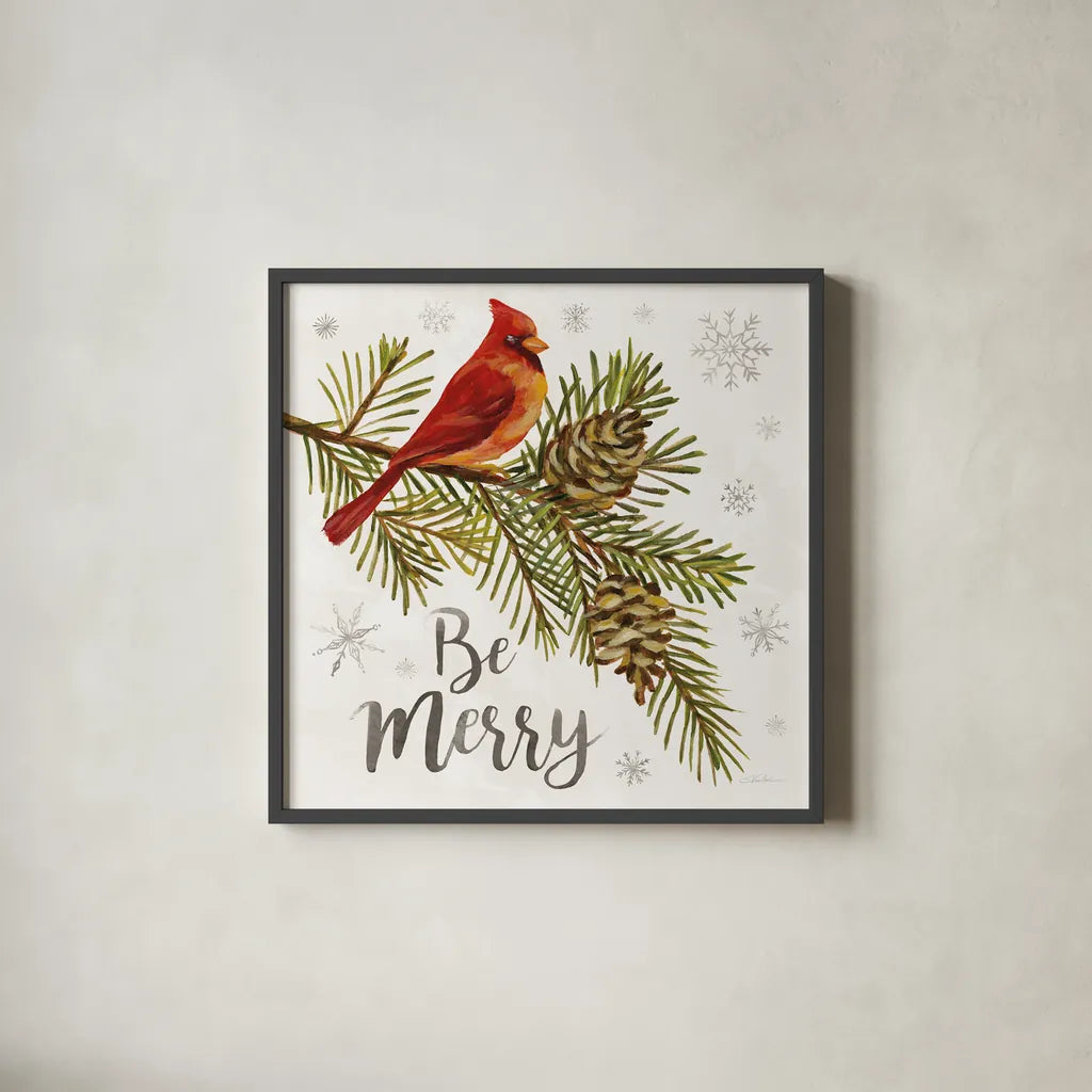 Cardinal Christmas VI by Silvia Vassileva. Shown in a sleek black glass frame for a contemporary gallery look. Available as an archival giclee rolled canvas, fine art paper, or poster print. SKU 57831a.