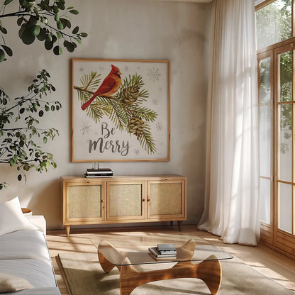 Cardinal Christmas VI by Silvia Vassileva. Shown in a natural wood frame in a cozy modern living room. Available as an archival giclee rolled canvas, fine art paper, or poster print. SKU 57831a.