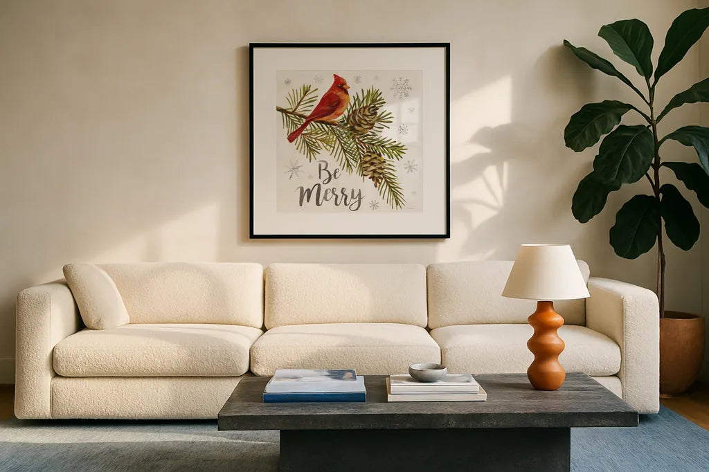 Cardinal Christmas VI by Silvia Vassileva. Displayed in a glass frame with matte in a clean modern living room. Available as an archival giclee rolled canvas, fine art paper, or poster print. SKU 57831a.