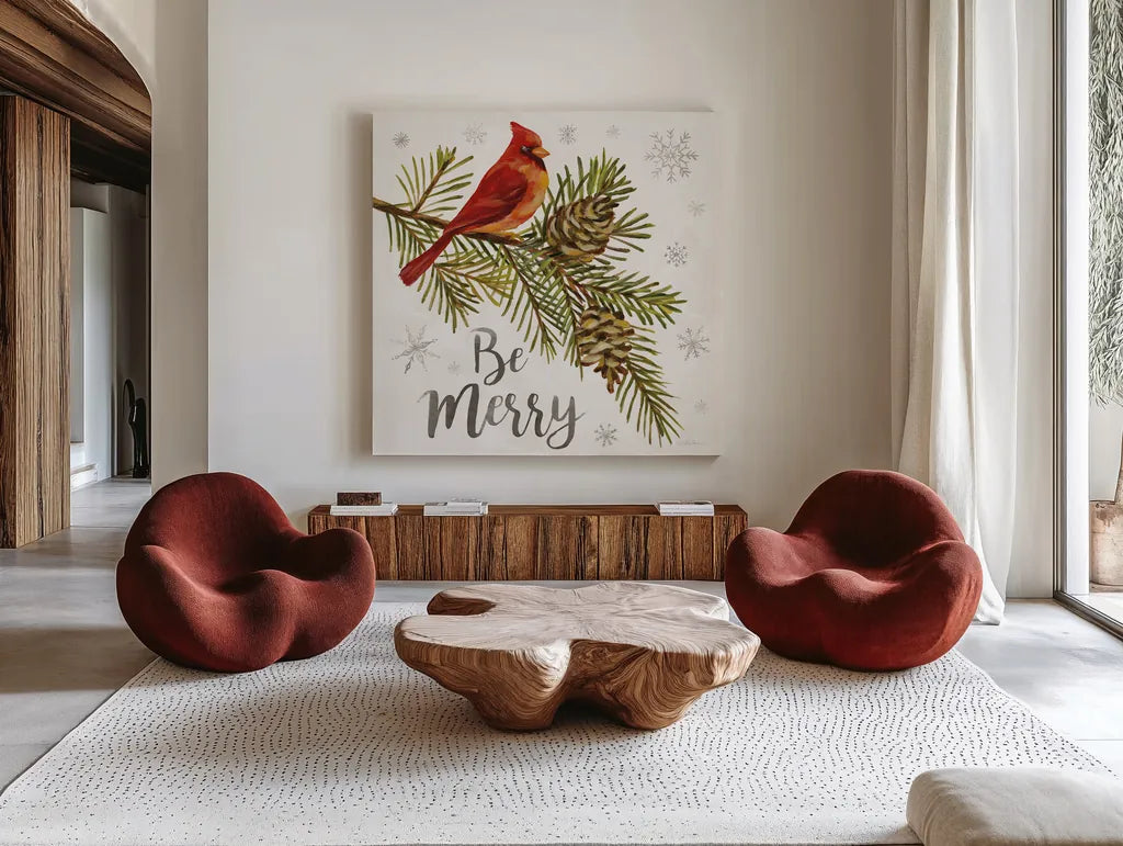 Cardinal Christmas VI by Silvia Vassileva. Shown as extra-large giant wall art in a modern living room. Available as an archival giclee rolled canvas, fine art paper, or poster print. SKU 57831a.