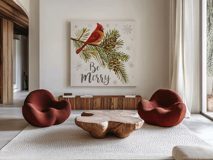 Cardinal Christmas VI by Silvia Vassileva. Shown as extra-large giant wall art in a modern living room. Available as an archival giclee rolled canvas, fine art paper, or poster print. SKU 57831a.