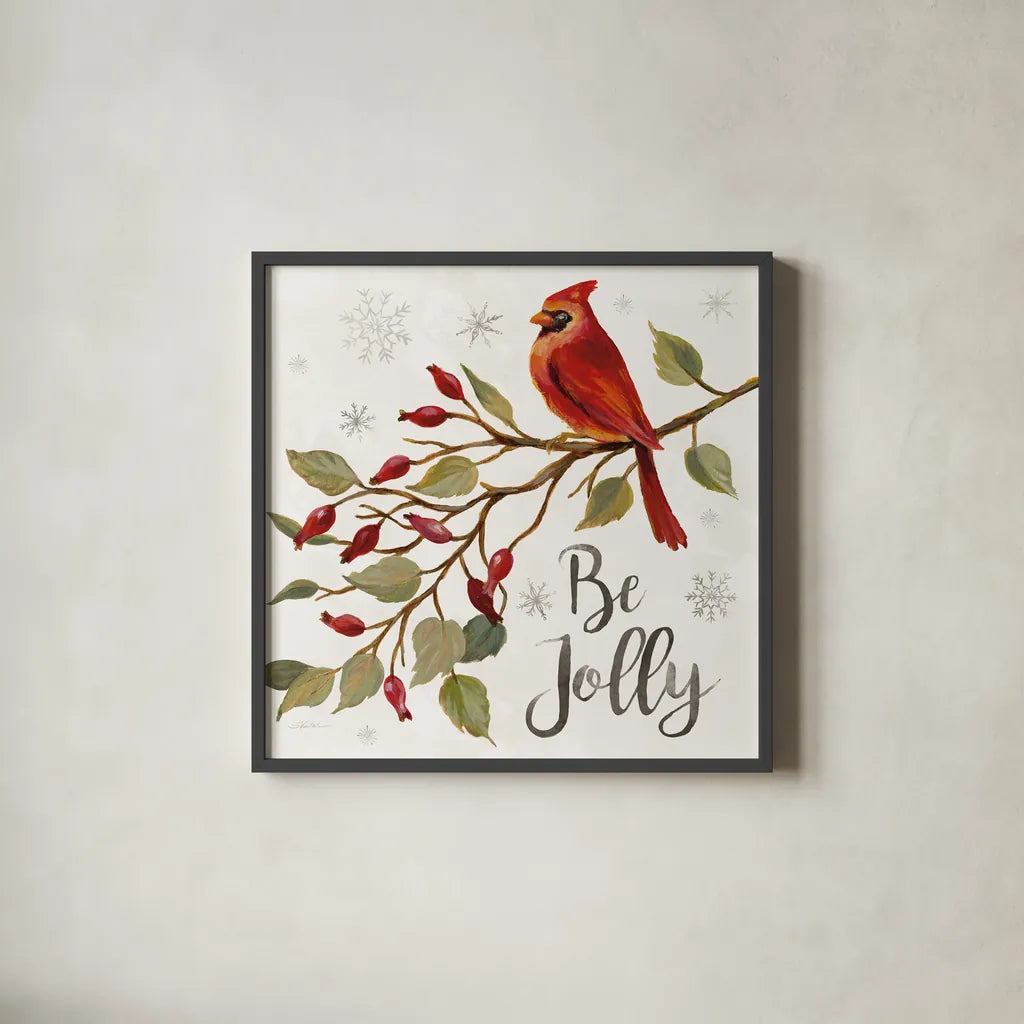 Cardinal Christmas VII by Silvia Vassileva. Shown in a sleek black glass frame for a contemporary gallery look. Available as an archival giclee rolled canvas, fine art paper, or poster print. SKU 57832a.