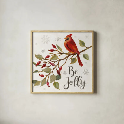 Cardinal Christmas VII by Silvia Vassileva. Shown in a natural wood glass frame for a timeless modern aesthetic. Available as an archival giclee rolled canvas, fine art paper, or poster print. SKU 57832a.