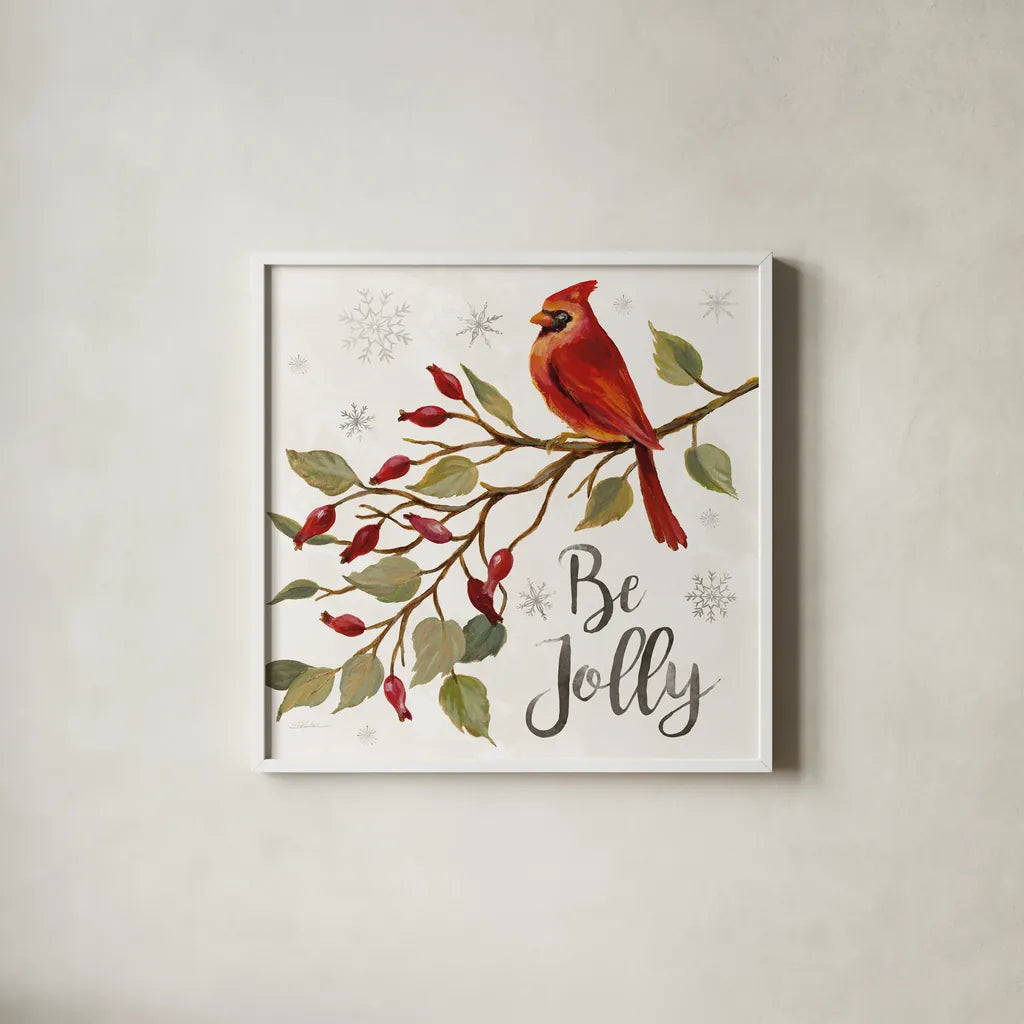 Cardinal Christmas VII by Silvia Vassileva. Shown in a crisp white glass frame for a clean and minimalist style. Available as an archival giclee rolled canvas, fine art paper, or poster print. SKU 57832a.