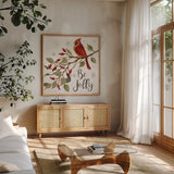 Cardinal Christmas VII by Silvia Vassileva. Shown in a natural wood frame in a cozy modern living room. Available as an archival giclee rolled canvas, fine art paper, or poster print. SKU 57832a.