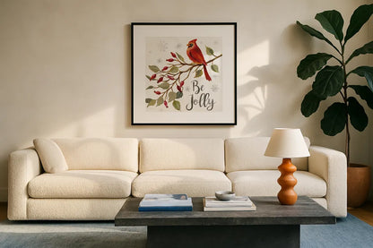 Cardinal Christmas VII by Silvia Vassileva. Displayed in a glass frame with matte in a clean modern living room. Available as an archival giclee rolled canvas, fine art paper, or poster print. SKU 57832a.