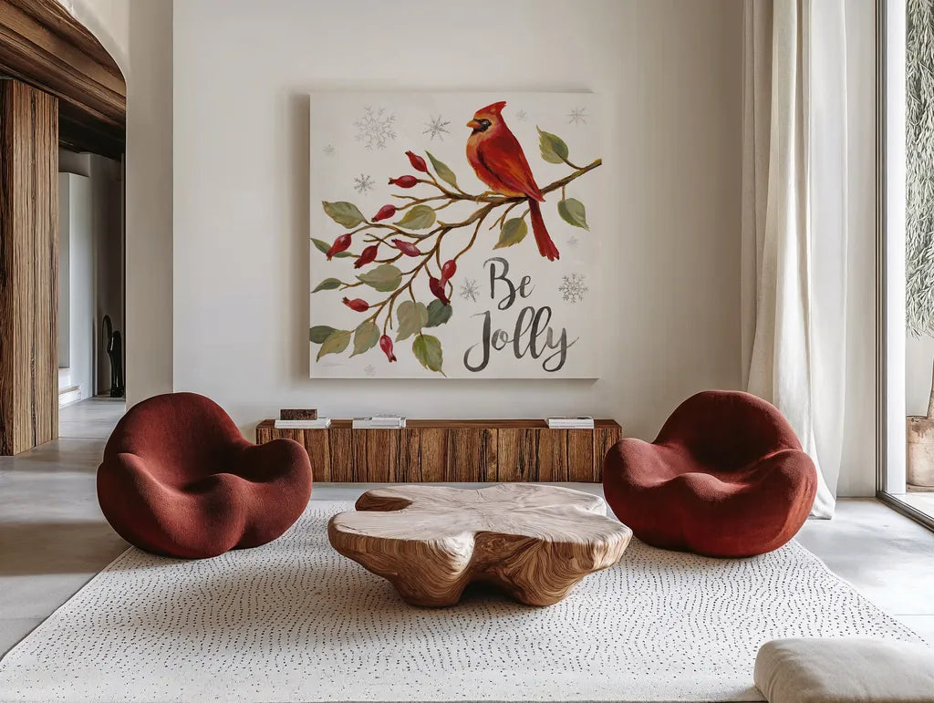 Cardinal Christmas VII by Silvia Vassileva. Shown as extra-large giant wall art in a modern living room. Available as an archival giclee rolled canvas, fine art paper, or poster print. SKU 57832a.