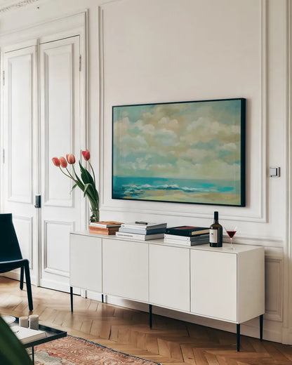 Caressing Ocean Breeze by Silvia Vassileva. shown as a framed stretched canvas in a living room above a console. Available as a archival giclee rolled canvas, fine art paper, or poster print. SKU 82437i.