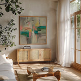 Caribbean Cabana by Silvia Vassileva. Shown in a natural wood frame in a cozy modern living room. Available as an archival giclee rolled canvas, fine art paper, or poster print. SKU 104642a.