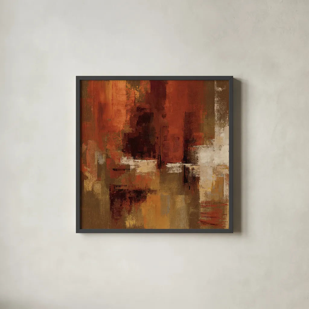 Castanets Square I by Silvia Vassileva. Shown in a sleek black glass frame for a contemporary gallery look. Available as an archival giclee rolled canvas, fine art paper, or poster print. SKU 10050a.