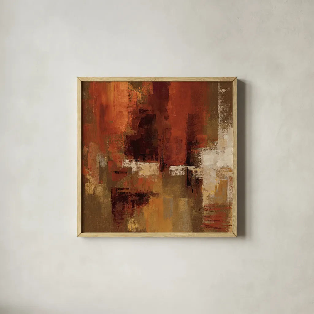 Castanets Square I by Silvia Vassileva. Shown in a natural wood glass frame for a timeless modern aesthetic. Available as an archival giclee rolled canvas, fine art paper, or poster print. SKU 10050a.