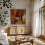 Castanets Square I by Silvia Vassileva. Shown in a natural wood frame in a cozy modern living room. Available as an archival giclee rolled canvas, fine art paper, or poster print. SKU 10050a.