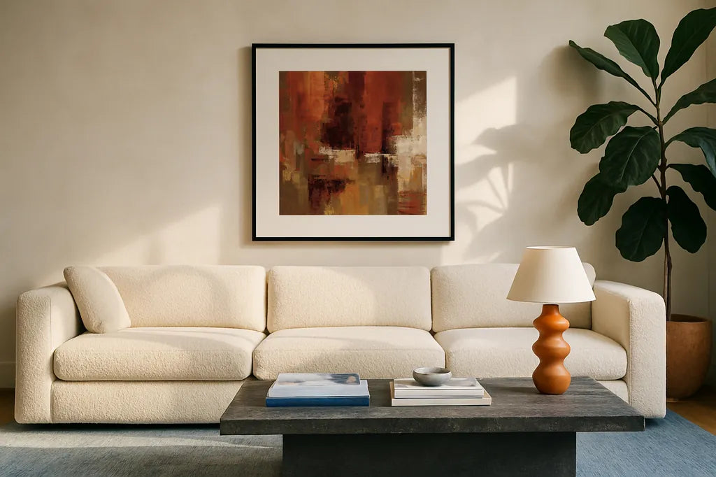 Castanets Square I by Silvia Vassileva. Displayed in a glass frame with matte in a clean modern living room. Available as an archival giclee rolled canvas, fine art paper, or poster print. SKU 10050a.