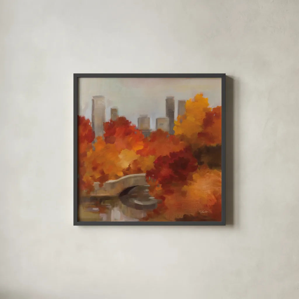 Central Park Autumn by Silvia Vassileva. Shown in a sleek black glass frame for a contemporary gallery look. Available as an archival giclee rolled canvas, fine art paper, or poster print. SKU 102490a.