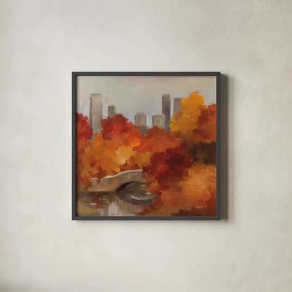 Central Park Autumn by Silvia Vassileva. Shown in a sleek black glass frame for a contemporary gallery look. Available as an archival giclee rolled canvas, fine art paper, or poster print. SKU 102490a.