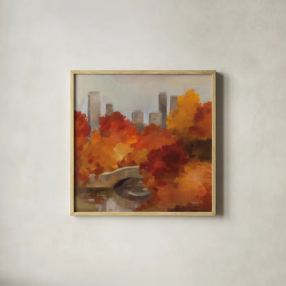 Central Park Autumn by Silvia Vassileva. Shown in a natural wood glass frame for a timeless modern aesthetic. Available as an archival giclee rolled canvas, fine art paper, or poster print. SKU 102490a.