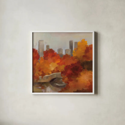 Central Park Autumn by Silvia Vassileva. Shown in a crisp white glass frame for a clean and minimalist style. Available as an archival giclee rolled canvas, fine art paper, or poster print. SKU 102490a.