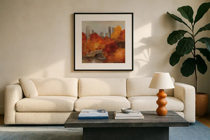 Central Park Autumn by Silvia Vassileva. Displayed in a glass frame with matte in a clean modern living room. Available as an archival giclee rolled canvas, fine art paper, or poster print. SKU 102490a.