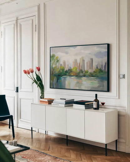 Central Park Skyline by Silvia Vassileva. shown as a framed stretched canvas in a living room above a console. Available as a archival giclee rolled canvas, fine art paper, or poster print. SKU 81931i.