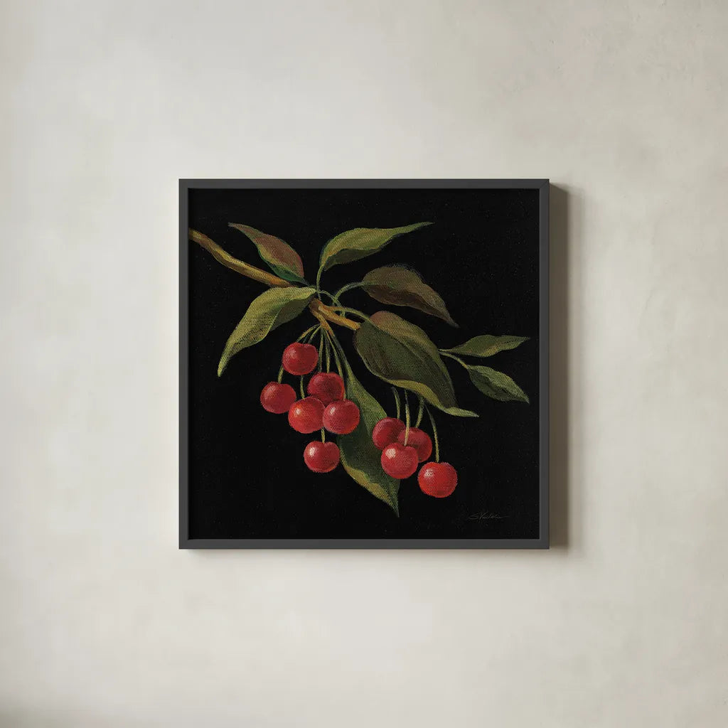 Cerise no Words by Silvia Vassileva. Shown in a sleek black glass frame for a contemporary gallery look. Available as an archival giclee rolled canvas, fine art paper, or poster print. SKU 29208a.