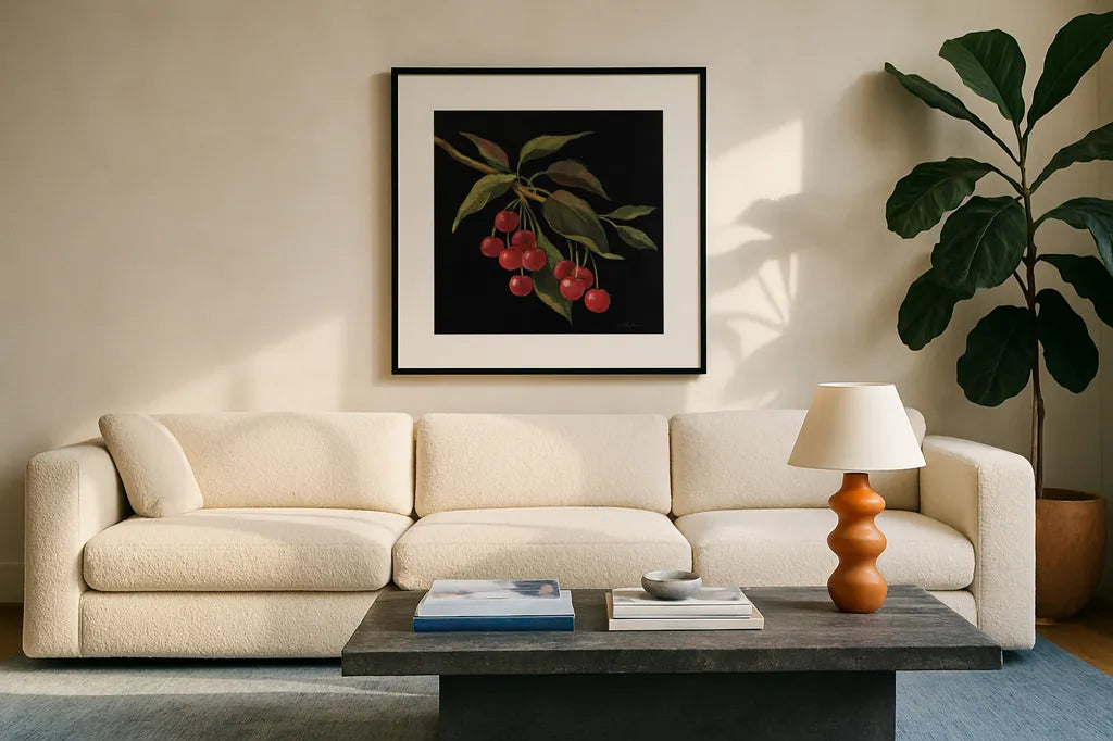 Cerise no Words by Silvia Vassileva. Displayed in a glass frame with matte in a clean modern living room. Available as an archival giclee rolled canvas, fine art paper, or poster print. SKU 29208a.