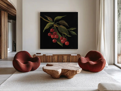 Cerise no Words by Silvia Vassileva. Shown as extra-large giant wall art in a modern living room. Available as an archival giclee rolled canvas, fine art paper, or poster print. SKU 29208a.