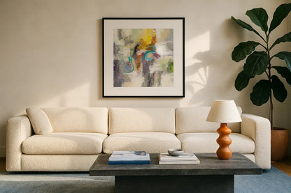 Chalk on Asphalt by Silvia Vassileva. Displayed in a glass frame with matte in a clean modern living room. Available as an archival giclee rolled canvas, fine art paper, or poster print. SKU 35307a.