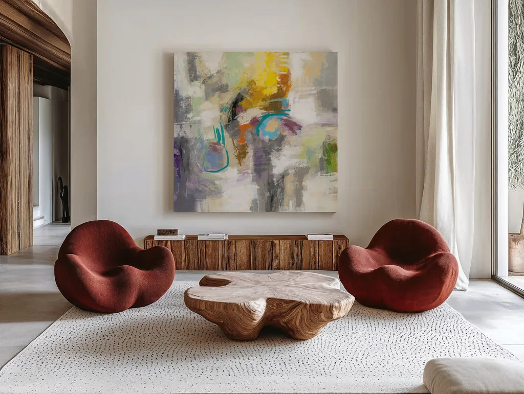 Chalk on Asphalt by Silvia Vassileva. Shown as extra-large giant wall art in a modern living room. Available as an archival giclee rolled canvas, fine art paper, or poster print. SKU 35307a.