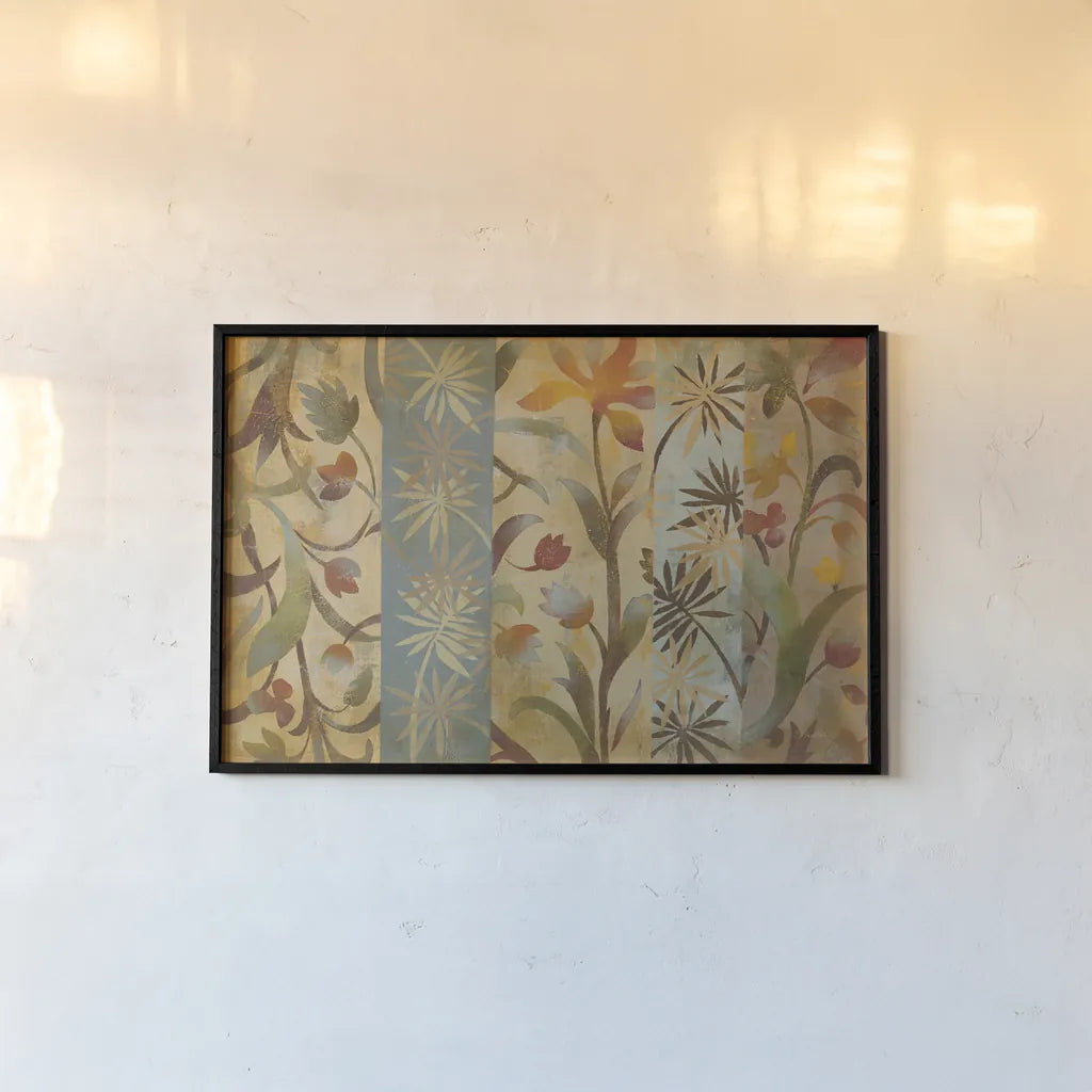 Charmed Garden Tapestry by Silvia Vassileva. shown as a paper print in a black flame. Available as a archival giclee rolled canvas, fine art paper, or poster print. SKU 60315i.