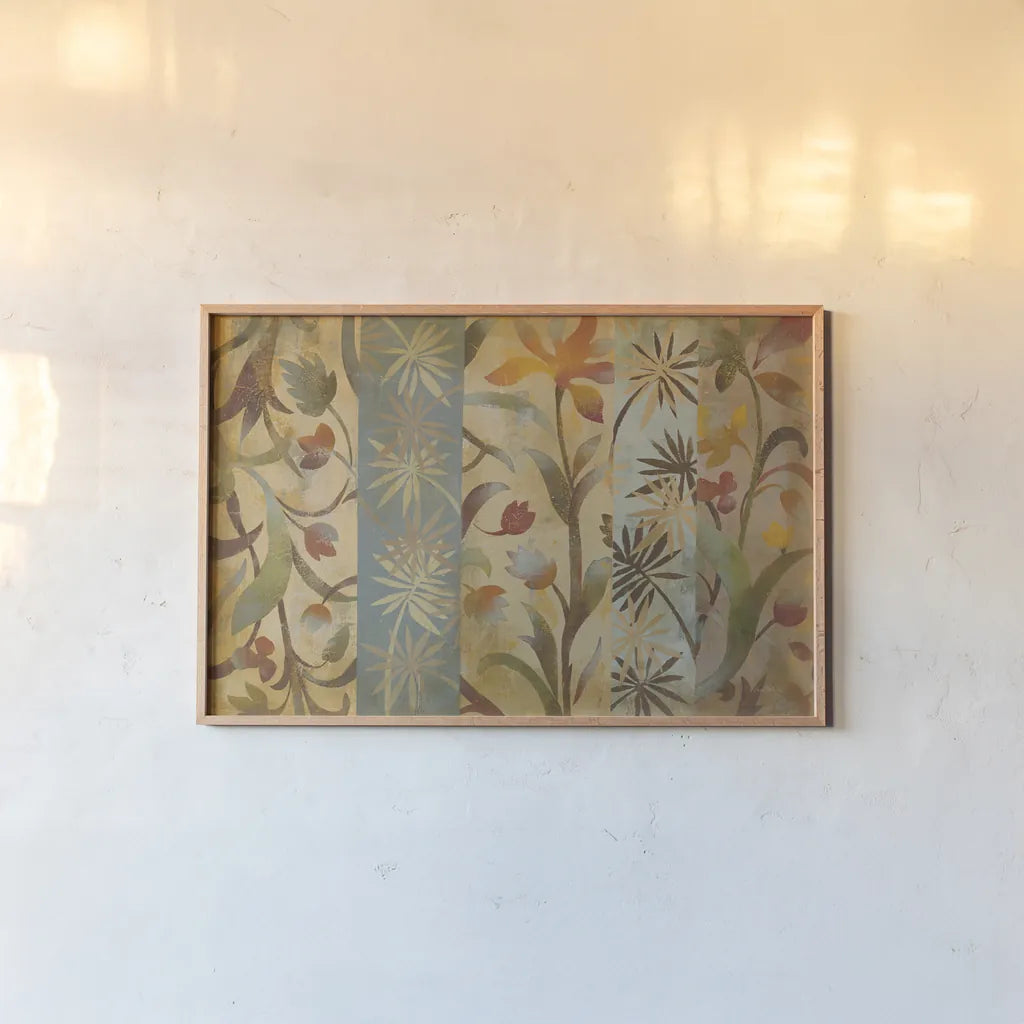 Charmed Garden Tapestry by Silvia Vassileva. shown as a paper print in a natural frame. Available as a archival giclee rolled canvas, fine art paper, or poster print. SKU 60315i.