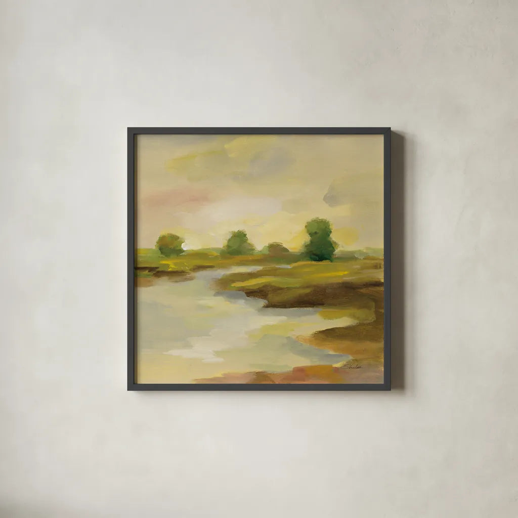 Chartreuse Fields I by Silvia Vassileva. Shown in a sleek black glass frame for a contemporary gallery look. Available as an archival giclee rolled canvas, fine art paper, or poster print. SKU 69161a.