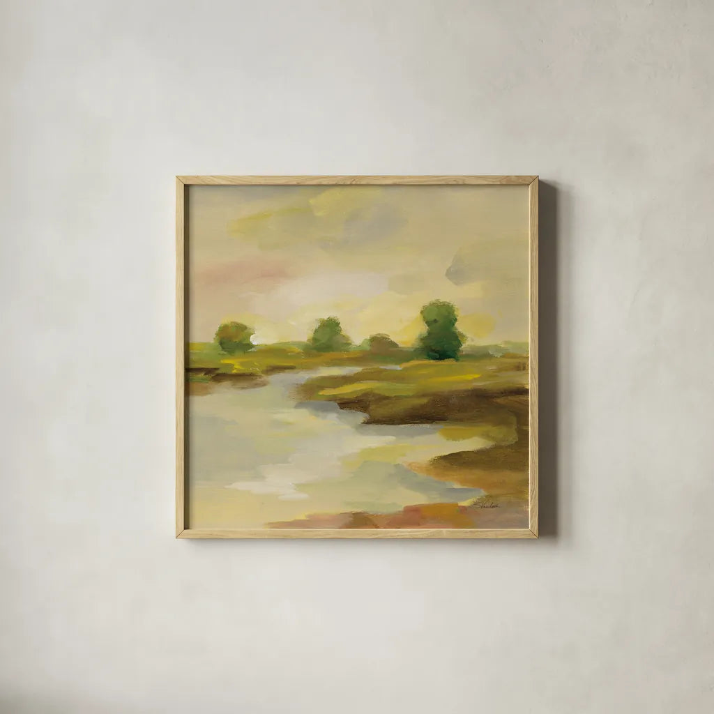 Chartreuse Fields I by Silvia Vassileva. Shown in a natural wood glass frame for a timeless modern aesthetic. Available as an archival giclee rolled canvas, fine art paper, or poster print. SKU 69161a.